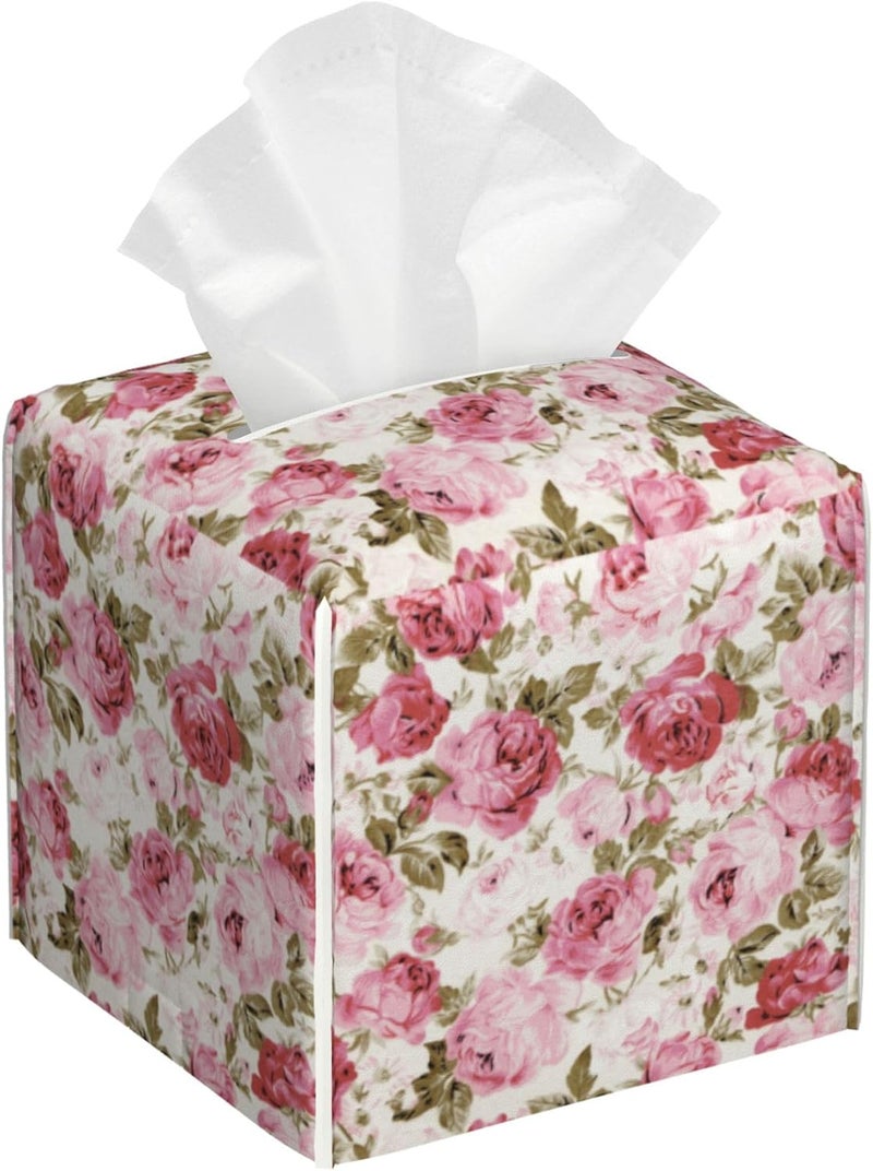sndheke Vintage Rose Flowers Leaves Tissue Box Cover Square,Pink Floral Plants Tissue Box Holder Waterproof Leather Facial Paper Organizer Dispenser for Bathroom Home Car Nightstand Vanity Desk - Image 1